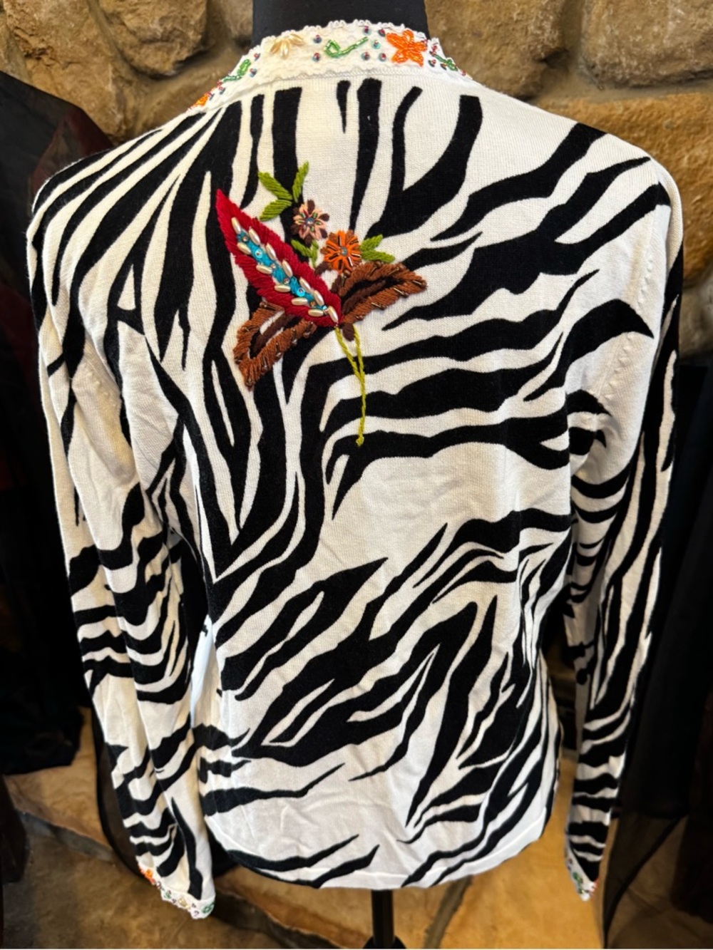Women's Black & White Zebra Floral Embroidered Cardigan - Picture 4 of 10